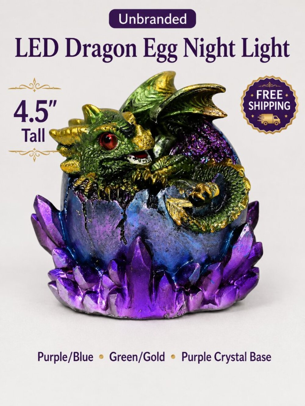 Unbranded LED Dragon Egg Night Light 4.5” Purple Crystal Decor New Box